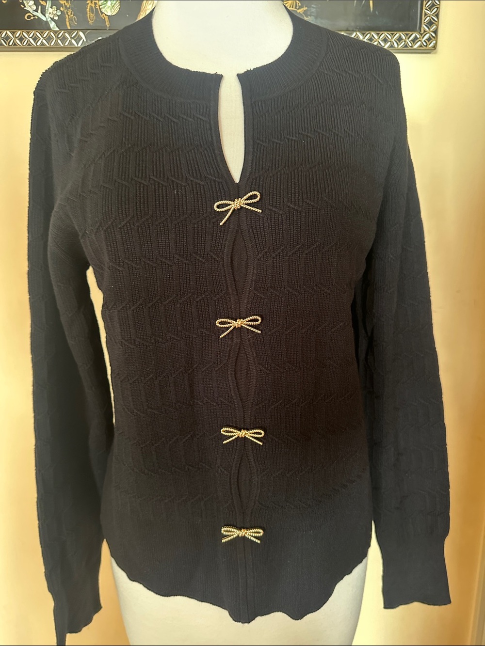 White House Black Market Black Knit Cardigan with Gold Bow Accents